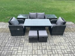 Rackhams 6 Seater Rattan Outdoor Furniture Garden Dining Set Patio Height Adjustable Rising lifting Table Love Sofa Chair With 2 Side Tables Stools - thumbnail 2