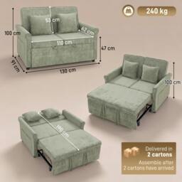 Rackhams 2 Seater Sofa Bed, 3-in-1 Convertible Pull Out Sofa Bed, Light Green - thumbnail 3