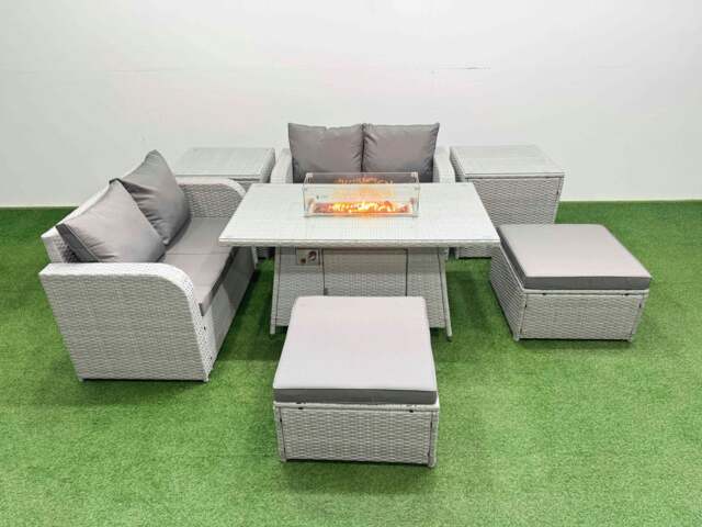 Rackhams 6 Seater Outdoor Love Sofa Set Rattan Garden Furniture Set with Fire Pit Dining Table 2 Footstool 2 Side Tables Light Grey - image 1