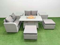 Rackhams 6 Seater Outdoor Love Sofa Set Rattan Garden Furniture Set with Fire Pit Dining Table 2 Footstool 2 Side Tables Light Grey - thumbnail 1