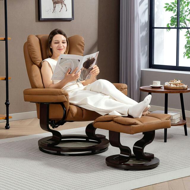 Rackhams PU Leather Manual Reclining Armchair Footstool Padded Seat Brown - Brown - Wooden - Brown - image 1