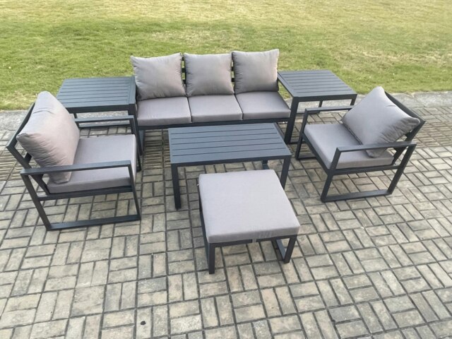 Rackhams Aluminium Patio Outdoor Furniture Set 6 Seater Garden Sofa with Oblong Coffee Table Big Footstool 2 Armchairs 2 Side Tables Dark Grey - image 1