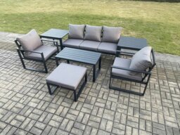 Rackhams Aluminium Patio Outdoor Furniture Set 6 Seater Garden Sofa with Oblong Coffee Table Big Footstool 2 Armchairs 2 Side Tables Dark Grey - thumbnail 2
