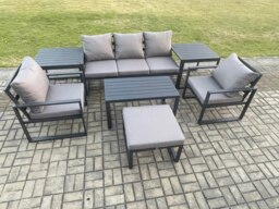 Rackhams Aluminium Patio Outdoor Furniture Set 6 Seater Garden Sofa with Oblong Coffee Table Big Footstool 2 Armchairs 2 Side Tables Dark Grey - thumbnail 1