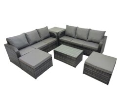 Rackhams Outdoor 3 Seater Sofa Coffee Table Set Garden Rattan Furniture Set 8 Seater with 2 Big Stools Side Table Dark Grey - thumbnail 1
