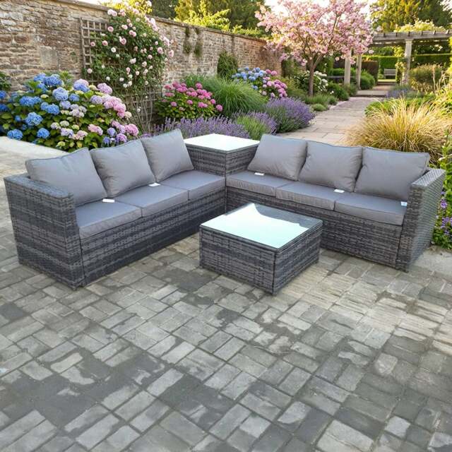 Rackhams 6 Seater Rattan Outdoor Garden Furniture Set with Corner Sofa & 2 Tables - Dark Mixed Grey - image 1