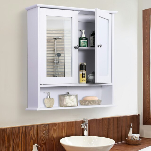 Rackhams Wall-mounted Cabinet Mirror Door Bathroom Organiser Living Room White - White - image 1