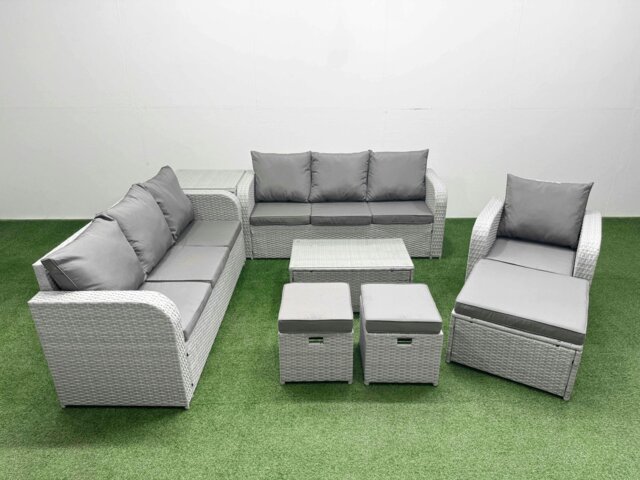 Rackhams 10 Seater Poly Rattan Outdoor Garden Furniture Sofa Set Patio 3 Seater Sofa Reclining Chair 3 Seater Sofa 3 Stools Side Table Light Grey - image 1