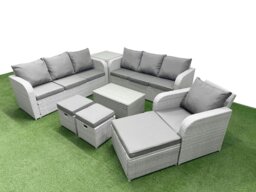 Rackhams 10 Seater Poly Rattan Outdoor Garden Furniture Sofa Set Patio 3 Seater Sofa Reclining Chair 3 Seater Sofa 3 Stools Side Table Light Grey - thumbnail 2
