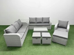 Rackhams 10 Seater Poly Rattan Outdoor Garden Furniture Sofa Set Patio 3 Seater Sofa Reclining Chair 3 Seater Sofa 3 Stools Side Table Light Grey - thumbnail 1