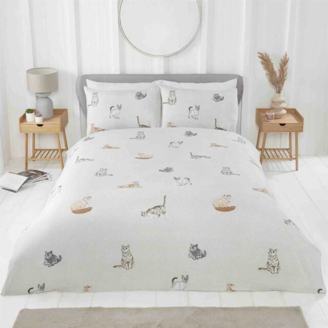 Rackhams Purrrfect Reversible Duvet Cover Set Cats and Stripes Bedding Natural - Natural - King