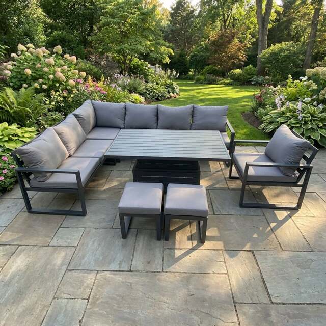 Rackhams 9 Seater Aluminium Garden Furniture Sets with Adjustable Rising Dining Table, 2 Footstools, Corner Sofa - Dark Grey
