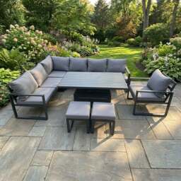 Rackhams 9 Seater Aluminium Garden Furniture Sets with Adjustable Rising Dining Table, 2 Footstools, Corner Sofa - Dark Grey - thumbnail 1