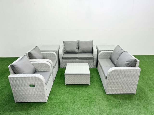 Rackhams 6 Seater Outdoor Reclining Chair Love Sofa Set Rattan Garden Furniture Set with Square Coffee Table 2 Side Tables Light Grey - image 1