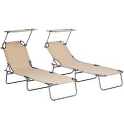 Rackhams Outdoor Foldable Sun Lounger Set of 2, 4 Level Adjustable Backrest Reclining Sun Lounger Chair with Angle Adjust Sun Shade Awning, Sand - thumbnail 1