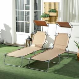 Rackhams Outdoor Foldable Sun Lounger Set of 2, 4 Level Adjustable Backrest Reclining Sun Lounger Chair with Angle Adjust Sun Shade Awning, Sand - thumbnail 2