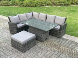 Rackhams 7 Seater?Outdoor Rattan High Back Adjustable Rising Lifting Dining Table Corner Sofa Set Garden Furniture Dark Grey Mixed Left Hand - thumbnail 1