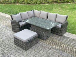 Rackhams 7 Seater?Outdoor Rattan High Back Adjustable Rising Lifting Dining Table Corner Sofa Set Garden Furniture Dark Grey Mixed Left Hand - thumbnail 2