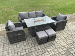 Rackhams 7 Seater Rattan Garden Furniture Set with Gas Fire Pit Table, Sofa, 2 Chairs & 2 Footstools - Dark Grey Mixed - thumbnail 3