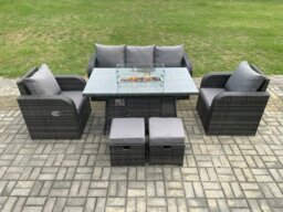 Rackhams 7 Seater Rattan Garden Furniture Set with Gas Fire Pit Table, Sofa, 2 Chairs & 2 Footstools - Dark Grey Mixed - thumbnail 2