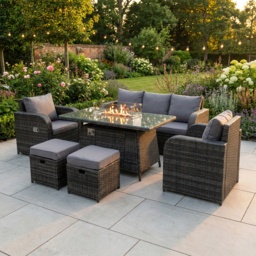Rackhams 7 Seater Rattan Garden Furniture Set with Gas Fire Pit Table, Sofa, 2 Chairs & 2 Footstools - Dark Grey Mixed