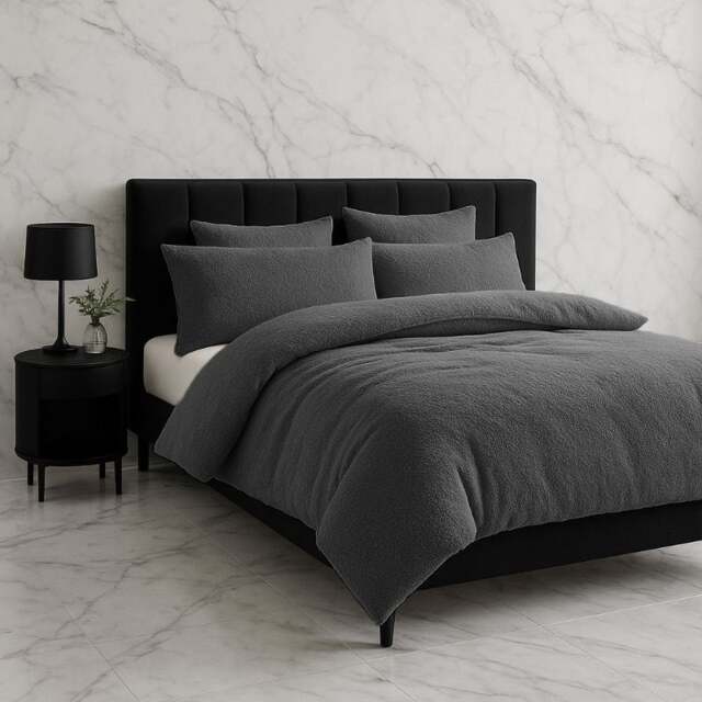 Rackhams Teddy Bear Fleece Duvet Cover & Pillow Case Set - Single - Charcoal - image 1