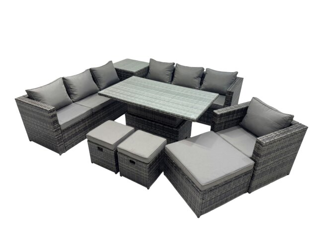 Rackhams 10 Seater Outdoor Corner Sofa Height Adjustable Rising Lifting Table Set Garden Rattan Furniture Set with Side Table 3 Stool Dark Grey - image 1