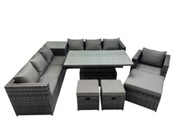 Rackhams 10 Seater Outdoor Corner Sofa Height Adjustable Rising Lifting Table Set Garden Rattan Furniture Set with Side Table 3 Stool Dark Grey - thumbnail 2