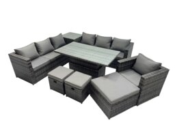 Rackhams 10 Seater Outdoor Corner Sofa Height Adjustable Rising Lifting Table Set Garden Rattan Furniture Set with Side Table 3 Stool Dark Grey - thumbnail 1