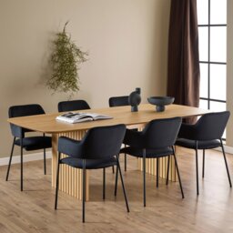 Rackhams Christo Dining Table in Oak 220x75cm including 6 Lima Dining Chairs with Armrest in Black - Black - No - Black