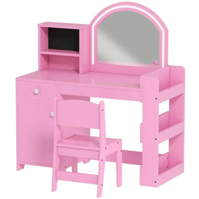 Rackhams Kids Vanity Table and Chair Set, Girls Dressing Table with 2-Colour LED Mirror, Stool, Cabinet, Drawer, Shelves, Pink
