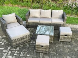 Rackhams 6 PCS Outdoor Lounge Sofa Set Wicker PE Rattan Garden Furniture Set with Armchair Square Coffee Table 3 Small Footstools Dark Grey Mixed - thumbnail 2