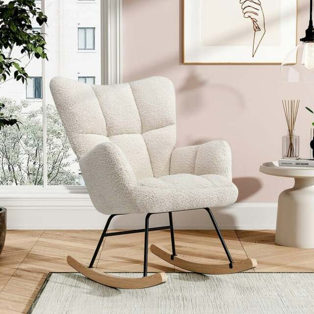 Rackhams 3ft Patchwork Upholstered Rocking Chair with Wooden Skates - White - image 1
