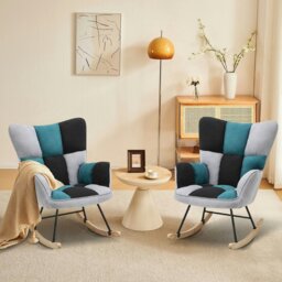Rackhams 3ft Patchwork Upholstered Rocking Chair with Wooden Skates - White - thumbnail 4