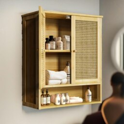 Rackhams Wooden Bathroom Wall-Mounted Storage Cabinet Organiser Natural Brown