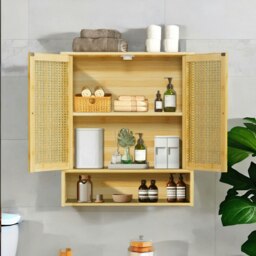 Rackhams Wooden Bathroom Wall-Mounted Storage Cabinet Organiser Natural Brown - thumbnail 6