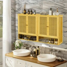 Rackhams Wooden Bathroom Wall-Mounted Storage Cabinet Organiser Natural Brown - thumbnail 5