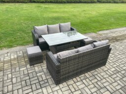 Rackhams Patio Rattan Garden Furniture Set with Oblong Rectangular Dining Table 2 Small Footstools 8 Seater Outdoor Lounge Sofa Set Dark Grey Mixed - thumbnail 1