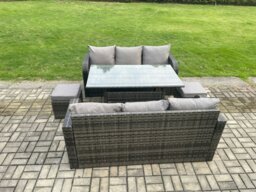 Rackhams Patio Rattan Garden Furniture Set with Oblong Rectangular Dining Table 2 Small Footstools 8 Seater Outdoor Lounge Sofa Set Dark Grey Mixed - thumbnail 2