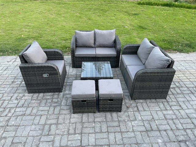 Rackhams 6 Piece Garden Furniture Sets 6 Seater Outdoor Patio Furniture Set Weaving Wicker Rattan Sofa Chair and Table with 2 Small Footstools - image 1