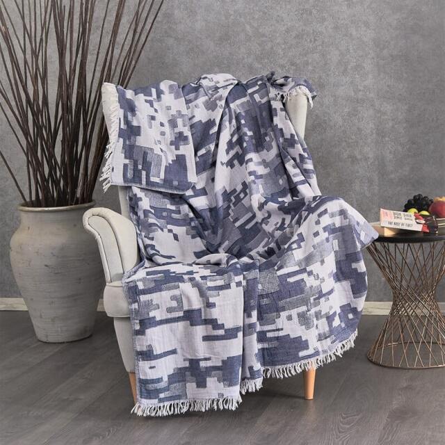 Rackhams Terrain Cotton Jacquard Throw Blanket - Navy - Beige/Teal/Navy - image 1