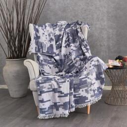 Rackhams Terrain Cotton Jacquard Throw Blanket - Navy - Beige/Teal/Navy