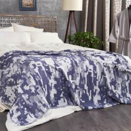 Rackhams Terrain Cotton Jacquard Throw Blanket - Navy - Beige/Teal/Navy - thumbnail 2