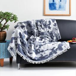Rackhams Terrain Cotton Jacquard Throw Blanket - Navy - Beige/Teal/Navy - thumbnail 3