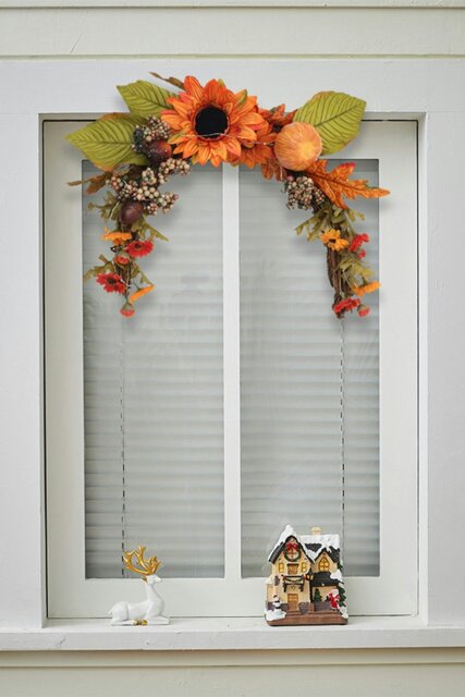 Rackhams Artificial Sunflower Swag Wreath with Pumpkins Halloween Hanging Decoration with Light - Orange - image 1