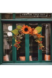 Rackhams Artificial Sunflower Swag Wreath with Pumpkins Halloween Hanging Decoration with Light - Orange - thumbnail 2