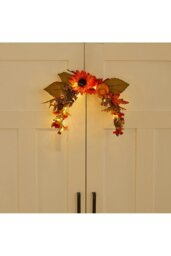 Rackhams Artificial Sunflower Swag Wreath with Pumpkins Halloween Hanging Decoration with Light - Orange - thumbnail 3