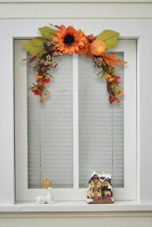 Rackhams Artificial Sunflower Swag Wreath with Pumpkins Halloween Hanging Decoration with Light - Orange