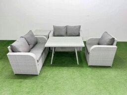 Rackhams 5 Seater Outdoor Rattan Garden Furniture Set Love Sofa Reclining Chair Set with Rectangular Dining Table Side Table Light Grey - thumbnail 1