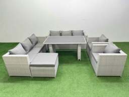 Rackhams 9 Seater Wicker PE Rattan Furniture Outdoor Dining Table 3 Seater Sofa Armchair Set with Big Stool Light Grey